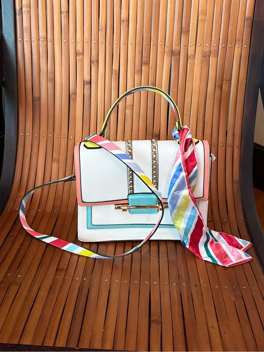 Colorblock Crossbody Satchel Bag White Pink Blue Scarf Strap